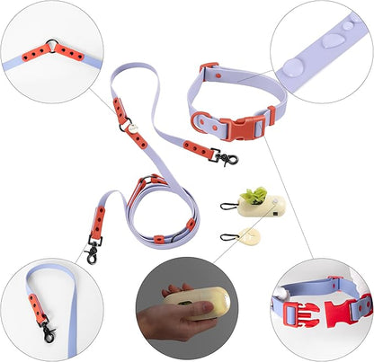 WLK1006E-5SET Luna Large 8FT Adjustable 6-in-1 Waterproof Hands-Free Leash and Collar with LED Flashlight, Bag Dispenser, and Poop Bag Holder, Sangria