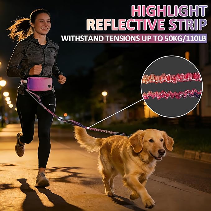Philorn Hands Free Dog Leash for Dogs with Pouch, Adjustable Waist Leash for Medium Large Dogs Walking, Running, Jogging, Hiking, Dual Handles and Durable Bungee