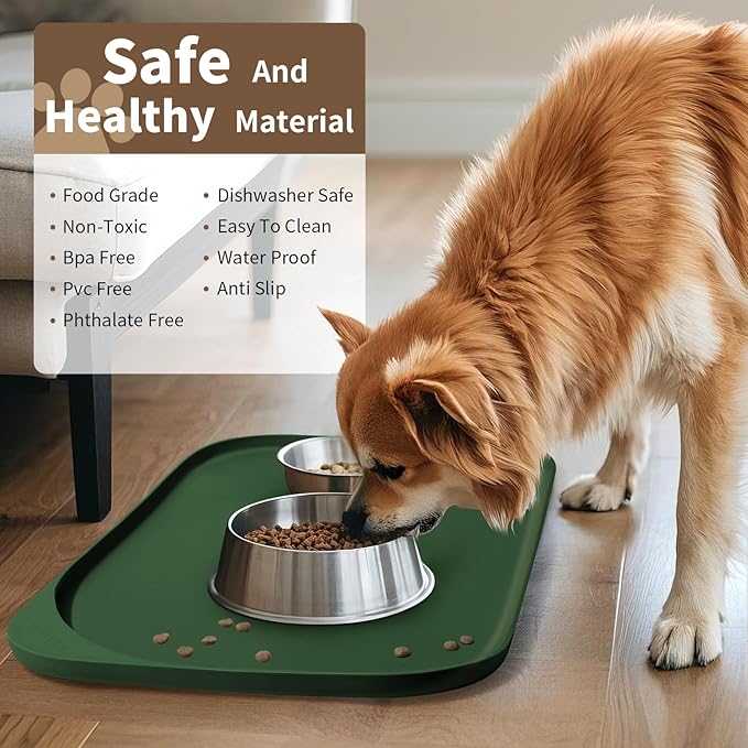 Silicone Pet Food Mat with Raised Edge for Food and Water Bowl, Dog Feeding Mats, Cat Food Trays for Floor Waterproof, Rubber Tray for Dogs and Cats, 24 x 16 x 0.8 Dark Olive