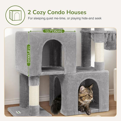 Globlazer Cat Tree Tower with 2 Cat Condos for Multiple Indoor Cats, 52in Multi-Level Plush Cat Condo Tower with 5 Sisal Scratching Posts, 2 Padded Perches, Big Basket, Widened Base, S52, Light Grey