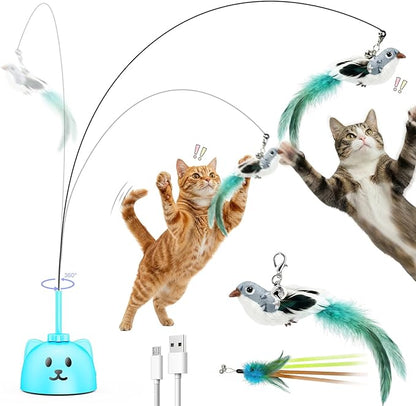 Interactive Cat Toys for Indoor Cats - Automatic Flying Bird Feather Toy, USB Rechargeable Electric Cat Teaser with Strong Sticky Base, Smart Motion Activated Self-Play Enrichment Toy for Bored Cats