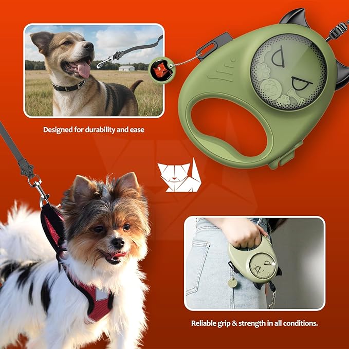 Retractable Dog Leash – 13ft Strong Nylon Tape, Auto-Locking, Tangle-Free, One-Touch Brake, Comfortable Grip – Fun Halloween Design for Small Dogs up to 33 lbs, Haminway Cheeky Imp Design