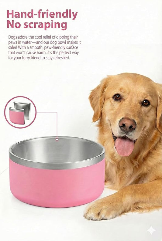 Dog Bowl, Stainless Steel Dog Bowls for Food and Water, Metal Pet Feeding Bowl with Insulated Non-Slip Quiet Bottom, Easy to Clean, Dishwasher Safe, 64oz,8 Cup | Pink