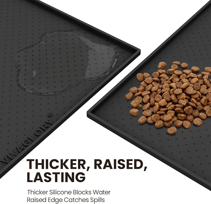 VIVAGLORY Dog Bowl Mat Grippymat Pet Food Mat, Waterproof Washable Nonslip Silicone for Pet & Cat, Food and Water Placemat with Lip & Raised Edges for Indoor Floor, L, Black