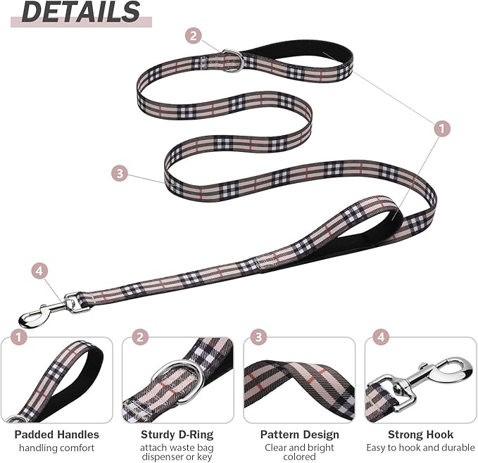 Hikiko Padded Two Handle Dog Leash 6 Ft for Medium Large Dogs, Strong Traffic Handles Lead for Walking Training (Beige Plaid)