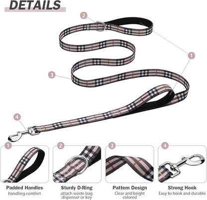 Hikiko Padded Two Handle Dog Leash 6 Ft for Medium Large Dogs, Strong Traffic Handles Lead for Walking Training (Beige Plaid)