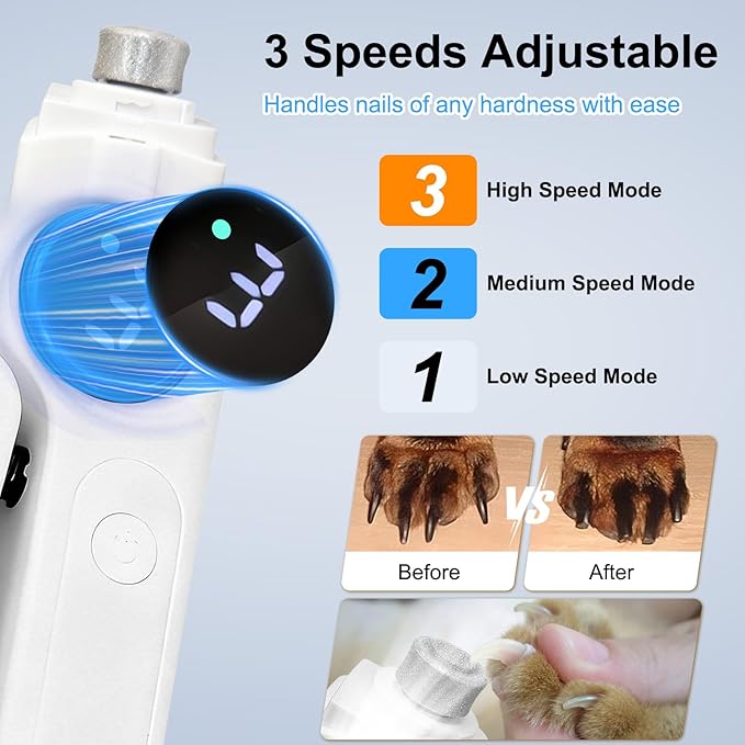 2-in-1 Dog Nail Clippers and Grinder, Electric Dog Nail Trimmer for Large Medium Small Dogs & Cats with 3 Speeds, USB Rechargeable, Quick Sensor, Splash Guard & LED Lights, Safe & Painless (White)