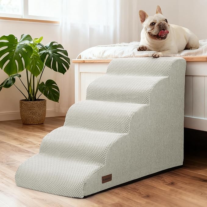 Dog Stairs for Bed 22.4”H,5-Step Dog Ramp for Small Dogs & Cats,Pet Steps for Dogs to get on High Bed, Indoor Anti-Slip Pet Stairs for Old Cats and Puppy,Light Grey