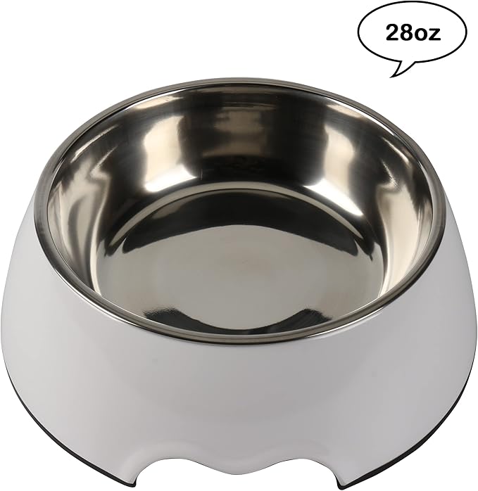 M&BGWPP Melamine Plastic Dog Food Bowl, Non Skid Base，Anti-Slip Pet Feeder Bowls, 2-in-1 Removable Stainless Steel Pet Feeder Holder for Dogs and Cats (28oz 8.66in*2.83in, White)