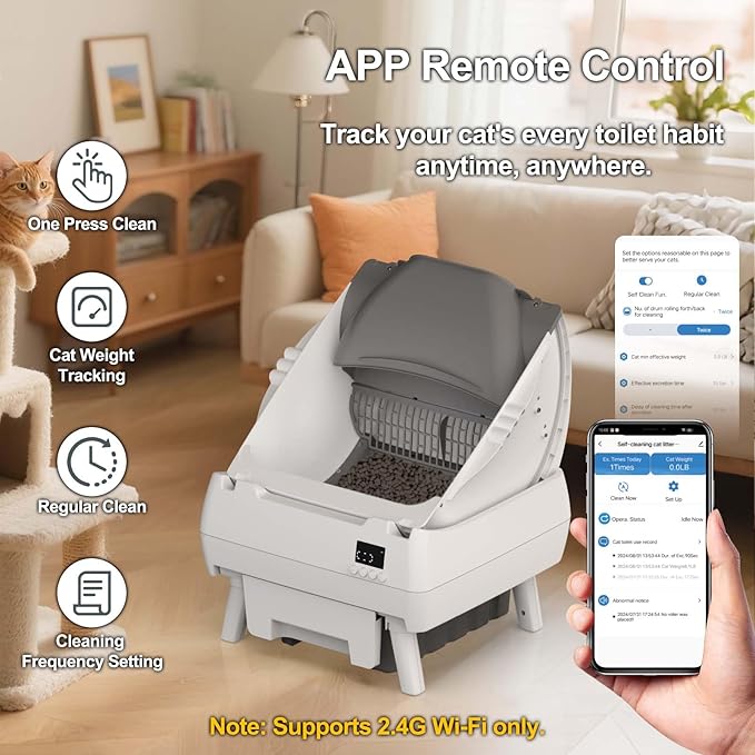 Automatic Cat Litter Box Self Cleaning - App Control, Open-Design, Smart Health Monitor, Suitable for Medium Cats and Kittens, Anti-Pinch Safety, Quiet Operation - White