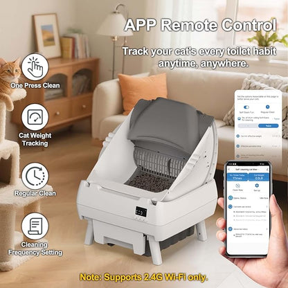 Automatic Cat Litter Box Self Cleaning - App Control, Open-Design, Smart Health Monitor, Suitable for Medium Cats and Kittens, Anti-Pinch Safety, Quiet Operation - White