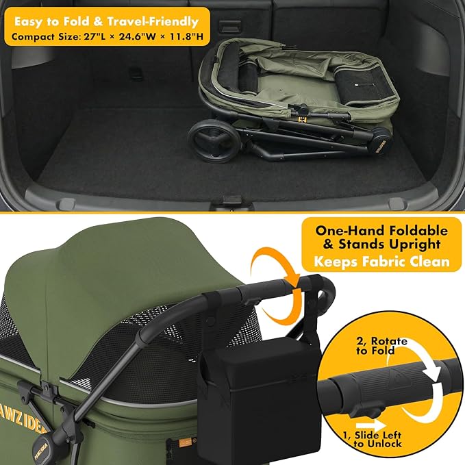 PAWZIDEA Large Dog Stroller up to 80 lbs, No-Zip 180° Reversible Canopy Lockable, Lightweight Pet Stroller for 2 Medium Dogs, One-Hand Foldable, Low-Entry, All-Terrain Jogger Wheels, Storage Organizer