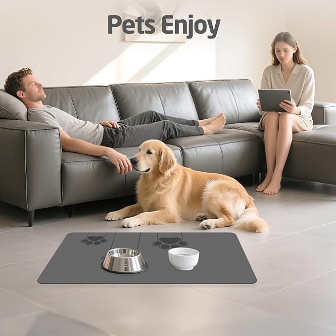 gogofree 16"×20" Gray Pet Feeding Mat, Absorbent Pet Placemat for Food and Water Bowl, Quick Dry Water Dispenser Mat for Dog and Cat, Non-Slip Mat for Messy Drinkers