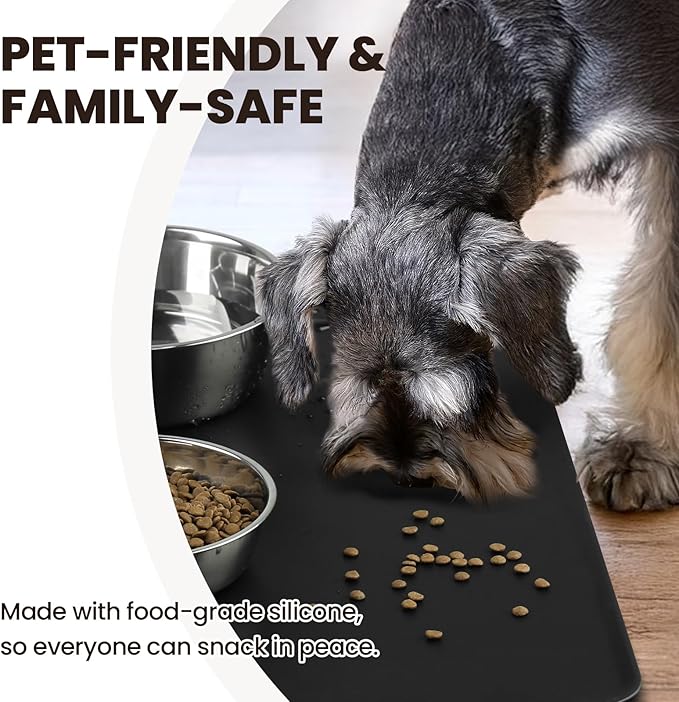 VIVAGLORY Dog Food Mat Flexmat Dog Bowl Mat, Placemat Food Tray with Raised Edges & Lip for Indoor Floor, Non Slip Waterproof Silicone Dish Placemat for Cat & Pet, L, Black
