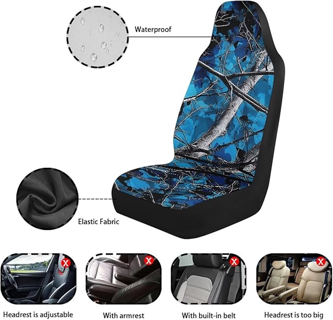 Blue Camo Hunting Car Seat Covers Waterproof Soft Car Seat Cushion Cover Auto Interior Accessories Fit for Truck, Sedan, SUV