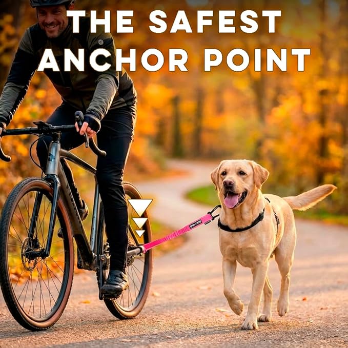BIKE AND DOG - Dog Leash and Harness for Bicycle, Harness with 3 Rings, 2 are Sides, Includes 2 Special Cable Ties for Bicycle. Patented. (Fluorescent Pink, Leash)