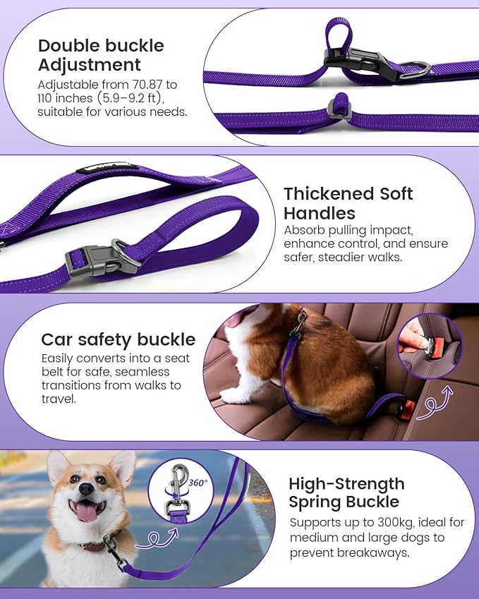 Hands Free Dog Leash, 2-in-1 Detachable Pet Seatbelt,5.9-9.2 ft Crossbody Dog Leash with Double-Sided Reflective for Walking, Hiking, Travel etc.(Purple)