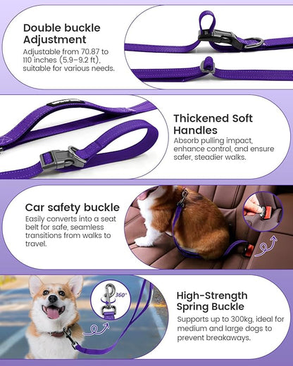 Hands Free Dog Leash, 2-in-1 Detachable Pet Seatbelt,5.9-9.2 ft Crossbody Dog Leash with Double-Sided Reflective for Walking, Hiking, Travel etc.(Purple)