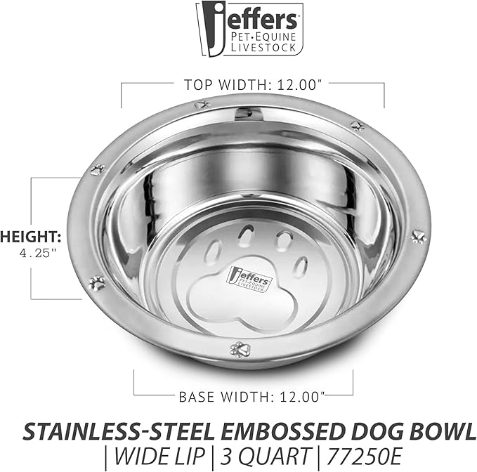 Jeffers Pet Stainless Steel Pet Food & Water Bowl – Embossed Paw Print, Wide Lip, Non Slip, Dishwasher Safe, Rust Resistant Metal Dog Cat Feeding Dish for Indoor Outdoor Crate Travel Use, 5 Quart