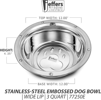 Jeffers Pet Stainless Steel Pet Food & Water Bowl – Embossed Paw Print, Wide Lip, Non Slip, Dishwasher Safe, Rust Resistant Metal Dog Cat Feeding Dish for Indoor Outdoor Crate Travel Use, 5 Quart