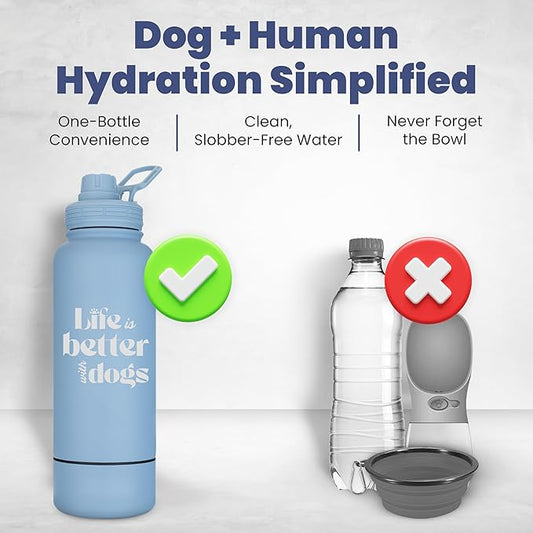 Dog Water Bottle for Dog Lovers - 32 oz Stainless Steel Double Wall Insulated Water Bottle with 8 oz Detachable Bowl - Doggy Lover Gift for Hiking, Walking, Travel - “Life is Better” - Dusty Blue
