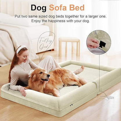 Large Dog Bed Orthopedic Washable: Jumbo Dog Bed Bolster Extra Large Dogs Egg Crate Foam Sofa Couch Waterproof Removable Cover - Beige