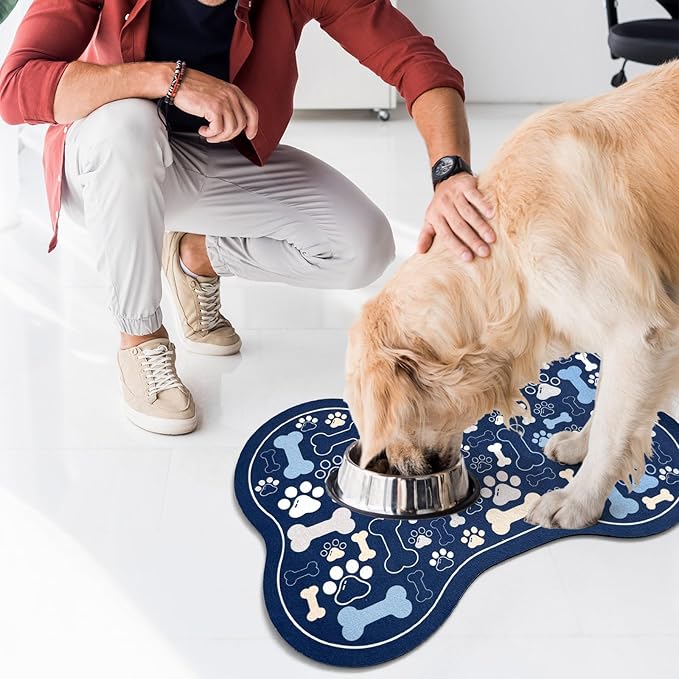Dog & Cat Food Mat Bone Shaped Pet Feeding Mat Quick Absorb Water Bowl Placemat with Rubber Backing Indoor Floor Stain Resistant Pet Accessory Supplies (Blue, 12x18 Inches)