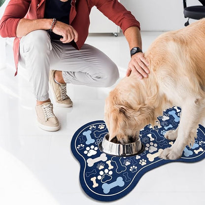 Dog & Cat Food Mat Bone Shaped Pet Feeding Mat Quick Absorb Water Bowl Placemat with Rubber Backing Indoor Floor Stain Resistant Pet Accessory Supplies (Blue, 12x18 Inches)