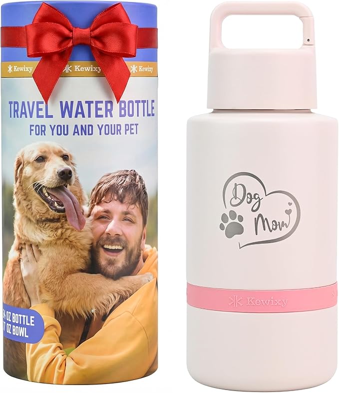 Dog Mom Gift, Insulated Dog Water Bottle with Travel Bowl, Women Christmas, Birthday for DogLover, Portable Water Bottle Dispenser, Accessories for Car, Camping, Outdoor, Detachable (DogMom-PalePink)
