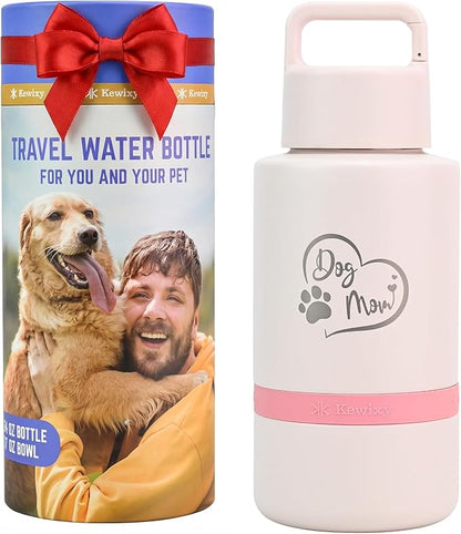 Dog Mom Gift, Insulated Dog Water Bottle with Travel Bowl, Women Christmas, Birthday for DogLover, Portable Water Bottle Dispenser, Accessories for Car, Camping, Outdoor, Detachable (DogMom-PalePink)