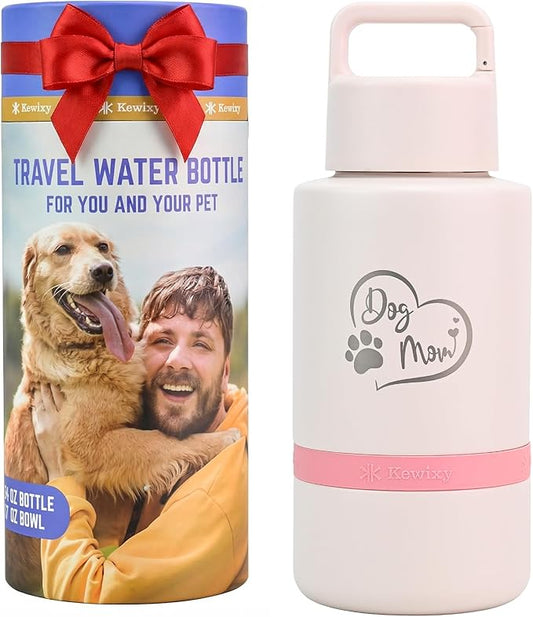 Dog Mom Gift, Insulated Dog Water Bottle with Travel Bowl, Women Christmas, Birthday for DogLover, Portable Water Bottle Dispenser, Accessories for Car, Camping, Outdoor, Detachable (DogMom-PalePink)