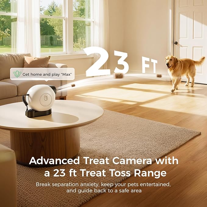 3K Pet Camera Treat Dispenser, 32ft Remote Tossing for Dogs & Cats – Reduces Separation Anxiety, 360° View, Security Indoor Cam w/Phone App, Barking Alerts, No Subscription, 2.4&5G WiFi