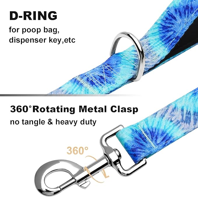 6 Foot Dog Leash for Medium Large Dogs, Heavy Duty Blue Dog Leash with 2 Padded Handles, Walking Training Lead for Medium and Large Dogs, Tie Dye