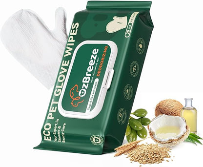 Pet Glove Wipes for Dogs & Cats, Hypoallergenic No Rinse Cleaning Grooming Gloves, Extra Thick Coconut Oil Infused Fur Nourishing & Deodorizing Wipes, 20PCS