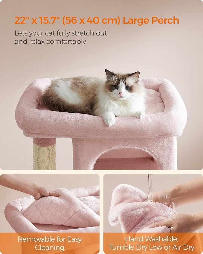 Feandrea Cat Tree, 33.1-Inch Cat Tower, Plush Condo for Large Cats up to 16 lb, Large Perch, 2 Caves, Scratching Post, Jelly Pink UPCT061P01