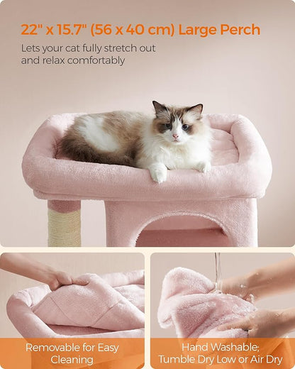 Feandrea Cat Tree, 33.1-Inch Cat Tower, Plush Condo for Large Cats up to 16 lb, Large Perch, 2 Caves, Scratching Post, Jelly Pink UPCT061P01