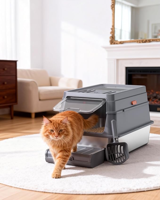 Cat Litter Box - Stainless Steel Litter Box with Lid for Kitty, Metal Base Enclosed Cat Box with Litter Scoop, Elevated Step Box, Activated-Carbon Pack, 23.6" x 15.7" x 15", Grey