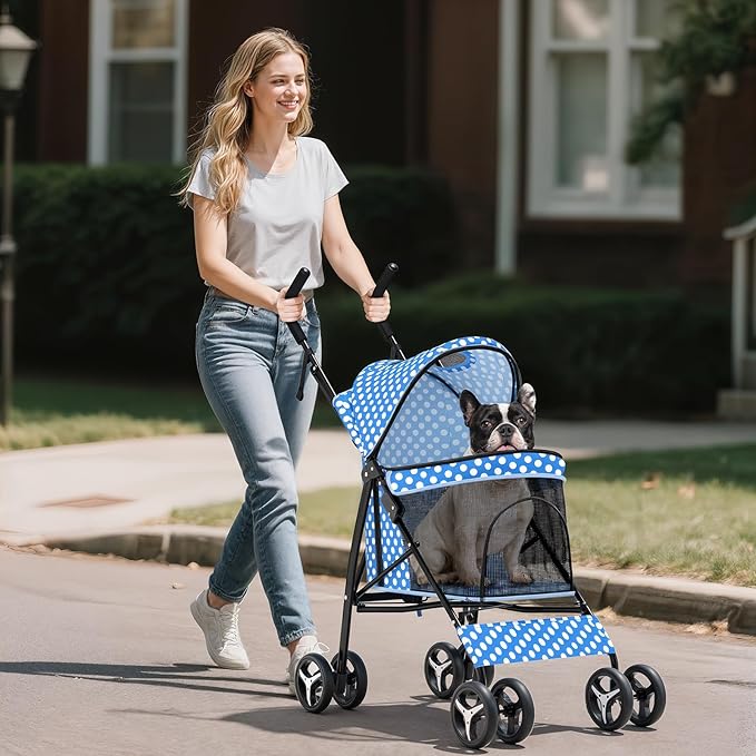 Dog Stroller for Small Dogs 10 lbs -22lbs Puppy Stroller Medium Dog Wagon Small Pet Stroller for Cats, Cat Strollers for 2 Cats, Rear Storage, Blue Polka Dots