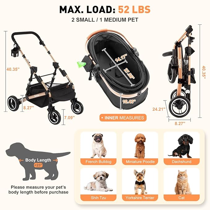 Pet Stroller,Dog Stroller for Medium Dogs Up to 52 Lbs,Cat Strollers for 2 Cats with Waterproof Oxford Fiber Detachable Carrier,Poop Bag Dispenser,Adjustable Handle&Canopy,for Senior Dogs&Cats