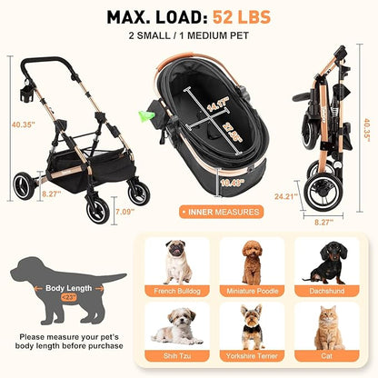 Pet Stroller,Dog Stroller for Medium Dogs Up to 52 Lbs,Cat Strollers for 2 Cats with Waterproof Oxford Fiber Detachable Carrier,Poop Bag Dispenser,Adjustable Handle&Canopy,for Senior Dogs&Cats