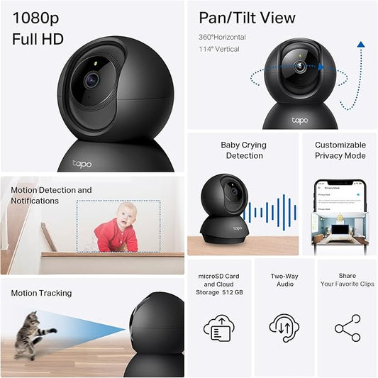 Tapo 1080P Indoor Pan/Tilt Wired Security Camera - Works as a Baby & Pet Monitor, Motion Detection, 2-Way Audio, Siren, Night Vision, Subscription-Free Local Storage or Optional Cloud, Black, C201