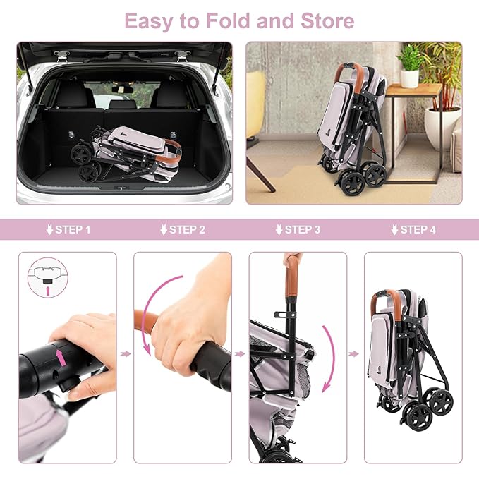 Double Pet Stroller for Dogs and Cats, One-Hand Folding Dog Stroller Travel Carriage for Small Medium Dogs Cats, 4 Wheels, Pink