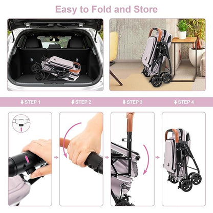 Double Pet Stroller for Dogs and Cats, One-Hand Folding Dog Stroller Travel Carriage for Small Medium Dogs Cats, 4 Wheels, Pink