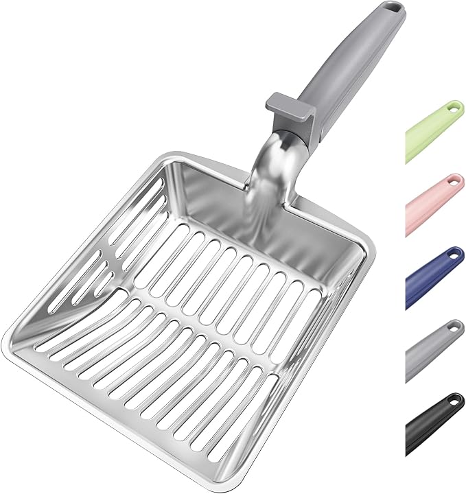 Metal Cat Litter Scoop, Large Cat Scooper with Deep Shovel & Dual Sifting Holes for Fast & Precise Sifting, Space Aluminum Kitty Litter Scooper with Long Handle & Easy-to-Hang Hook - Grey