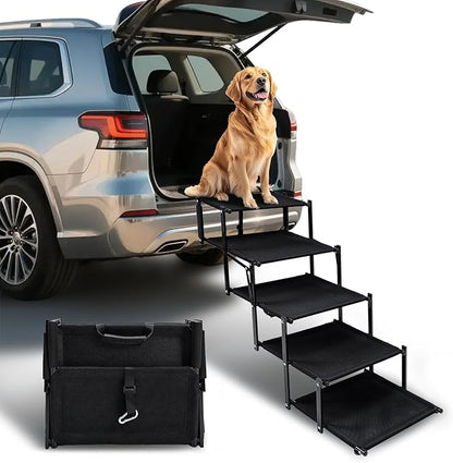 Foldable Dog Stairs for Car SUV Truck, Portable Dog Steps for Large Injured, Pet Ramp with Non-Slip Surface,Suitable for Sofas, Bed, Supports Up to 130 lbs, 5 Steps