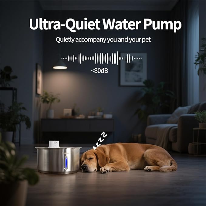 2.8Gal/11L Cordless Dog Water Fountain for Large Dogs, Petsamuse 5000mAh Battery Operated Stainless Steel Dog Fountain Water Bowl with 2 Quiet Pumps Wireless Pet Water Fountain with 15 Filters
