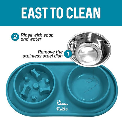 Pets Anti Skid Double Slow Feeder Dog Bowls with Non Skid Silicone Mat - Stainless Steel Dog Water Bowl for Cats & Pets Beautiful Dirty Blue Color