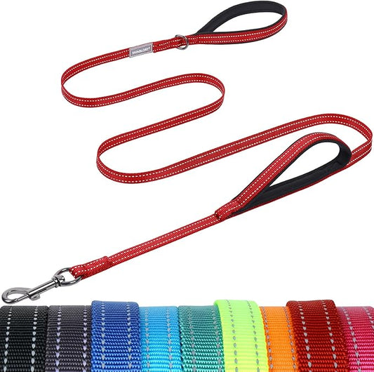 VIVAGLORY Dog Leash Twingrip Double Handle Dog Leash with Traffic Handle Control & 2 Loop for Walking & Training, Reflective Heavy Duty for Puppy Pet Collar, 5ft x 1/2in, Red