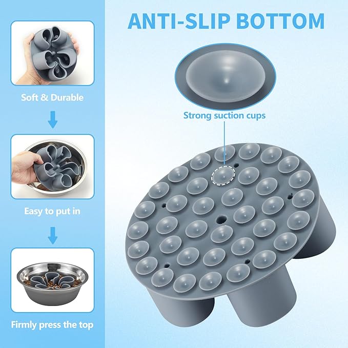 Slow Feeder Dog Bowls Insert, Bestalk Soft Silicone Slow Eating Dog Bowl Insert with Suction Cups for Small, Medium and Large Dogs(Grey M)
