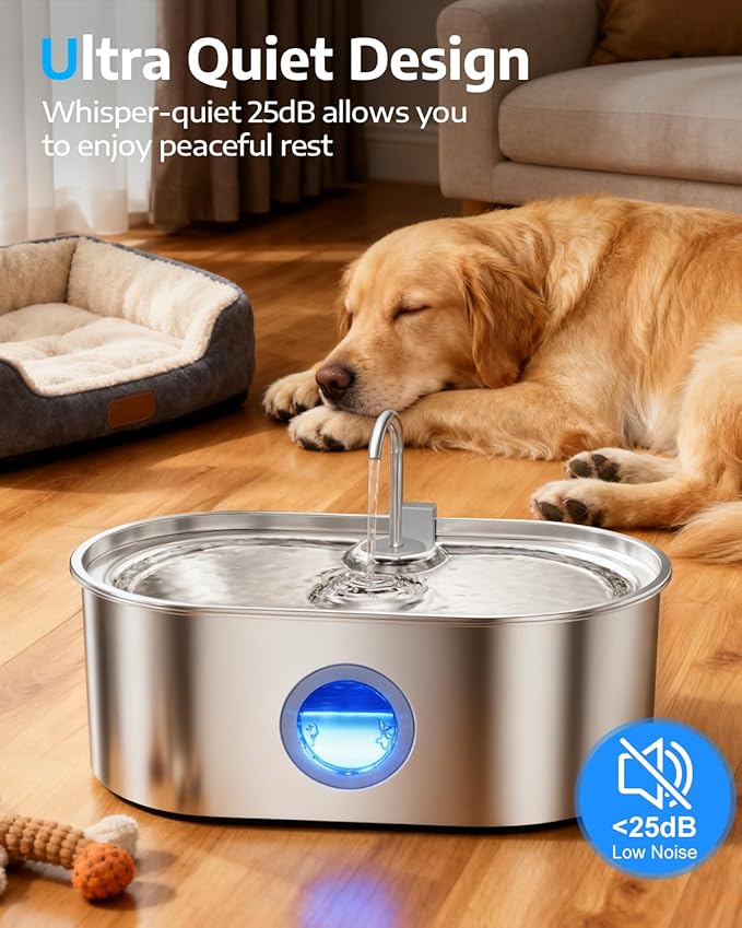 4.2Gal Dog Water Fountain for Large Dogs, 16L Stainless Steel Dog Fountain Water Bowl with Multi-Filtration & Deeper Drinking Tray, Extra Large Pet Water Fountain with Water Window & LED, Ultra-Quiet